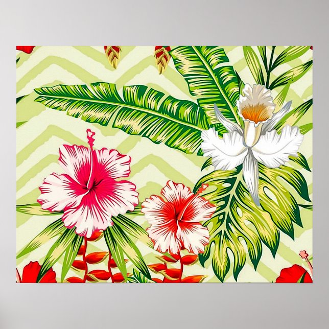Poster Folhas Tropicais Elegantes e Flores de Hibisco | (Frente)