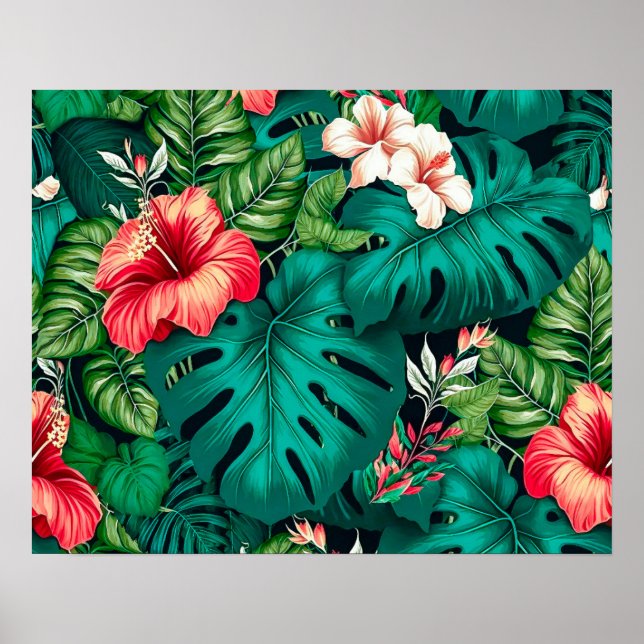 Poster Folhas Tropicais Elegantes e Flores de Hibisco | (Frente)