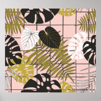 Folhas tropicais, flores, padrão pintado à mão.