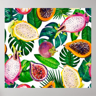 Poster Folhas tropicais, frutas, padrão sem costura de gu