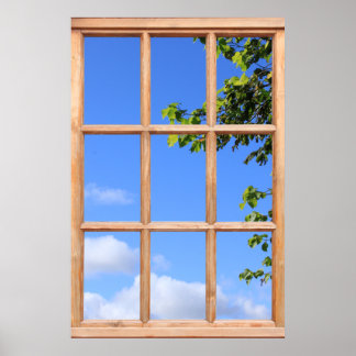 Póster Folhas Verdes e Vista do Céu de Verão de uma Janel