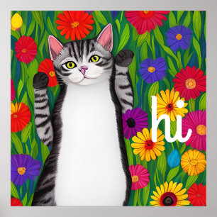 Poster Folhetim Art Colorful Cat and Flowers dizendo Hi A