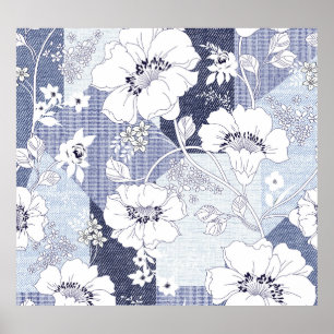 Poster Folheto de flores de Denim, padrão perfeito.