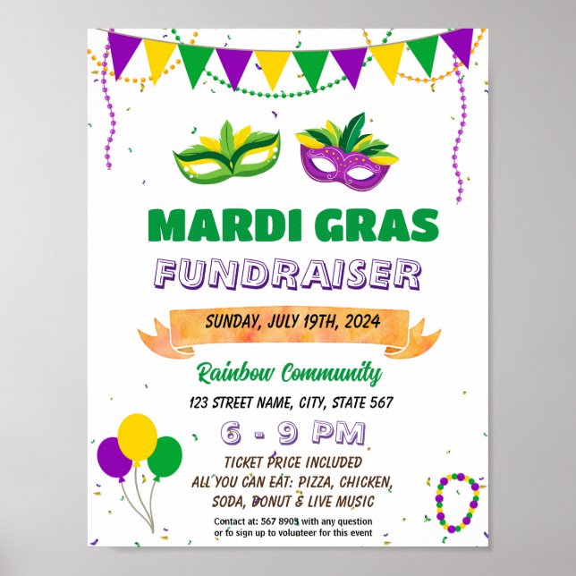 Poster Folheto do Fundraiser Mardi Gras Editável (Frente)