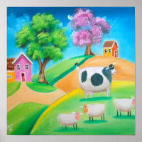 Folheto e pintura colorida de vaca e ovelha