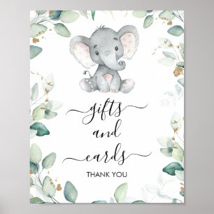 Poster Foliage Green Gold Elephant Baby Shower Sign