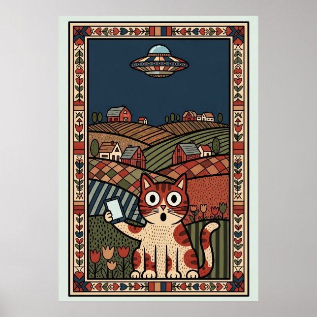 Poster Folk Art Cat with UFO in Countryside Whimsical (Frente)