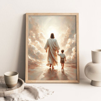 Poster Following Him, Christian Painting, Jesus and Boy 