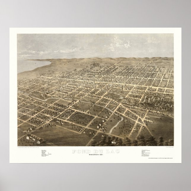 Póster Fond Du Lac, Mapa Panorâmico do WI - 1867 (Frente)