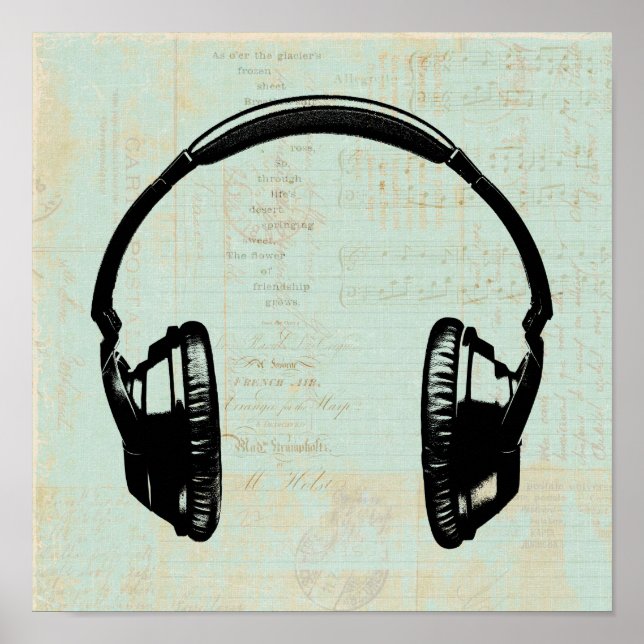 Poster Fones de ouvido Música Ilustração Vintage Mint Ver (Frente)