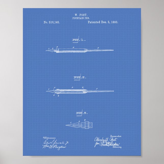 Póster Fonte: Caneta 1893 Patent Art Blueprint (Frente)