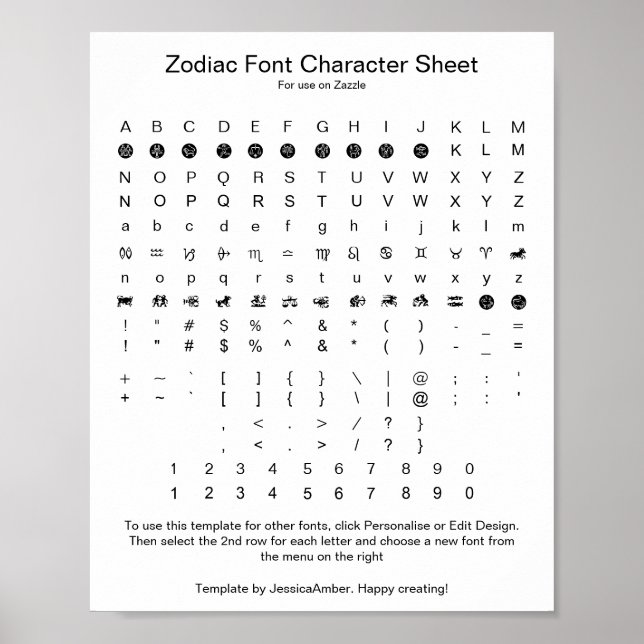 Poster Fonte de Símbolos do Zodíaco Referência de Caracte (Frente)
