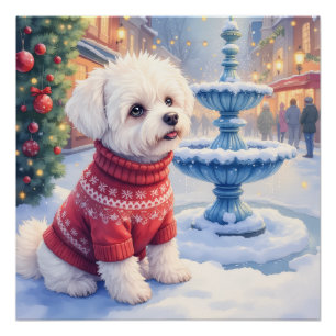 Póster Fonte Festiva de Bichon Frise em Aquarela Natal