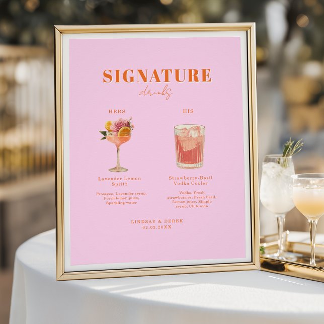 Póster Fonte Negrito Moderna Bebidas dele e dela Casament (Modern Bold Font His & Hers Drinks Wedding Poster)