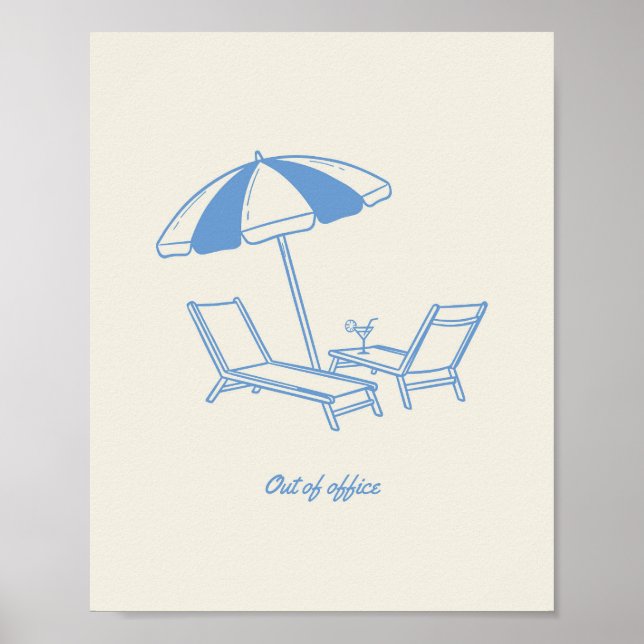 Poster "Fora do Escritório" Arte de Linha Azul Minimalist (Frente)