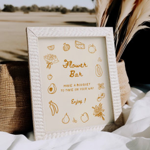 Poster Fora Do Mercado, Bar De Flor Desenhado À Mão Laran