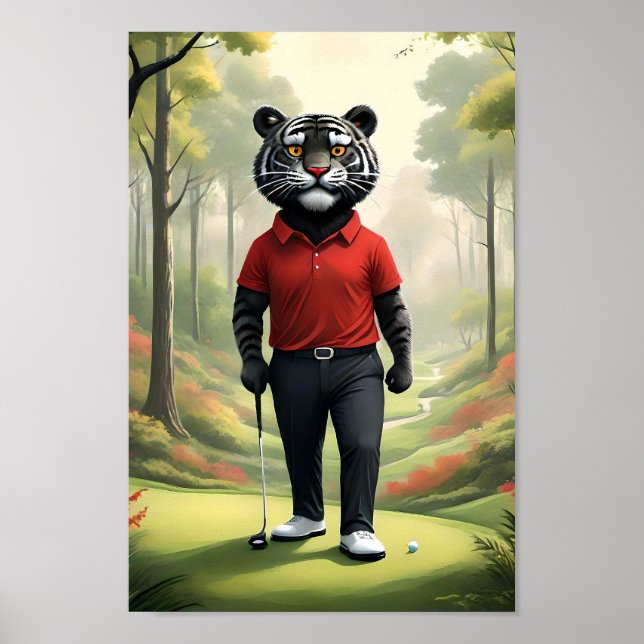 Poster "Fore! Um Tigre Negro Jogando Golfe na Floresta" (Frente)