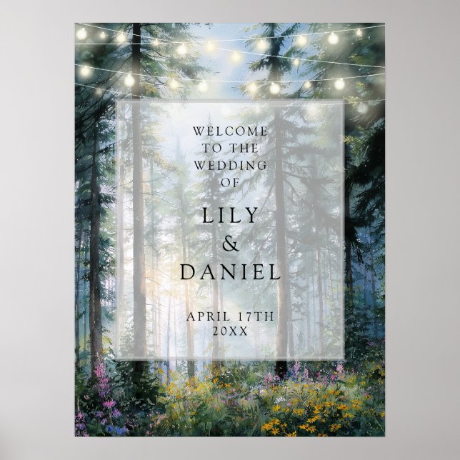 Poster Forest String Lights Floral Wedding Welcome Sign (Frente)