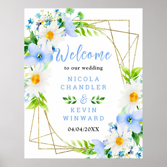 Poster Forget-Me-Nots Daisies Floral Wedding Welcome Sign (Frente)