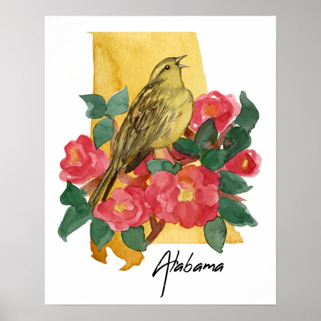 Poster Forma do Estado do Alabama Flor Camélia Pássaro-bi (Frente)