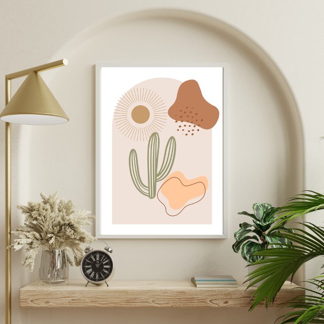 Poster Formas Boho Abstratas Cacto Sol de Terracota Bege (Boho Abstract Shapes Cactus Sun, Beige Brown Peach Terracotta Wall art poster print)