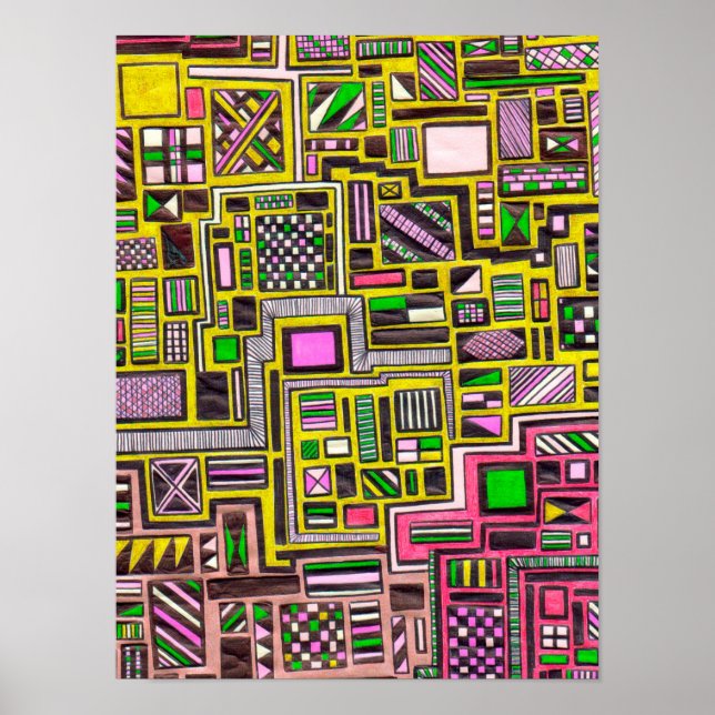 Póster Formas geométricas cor-de-rosa e amarela pop art (Frente)