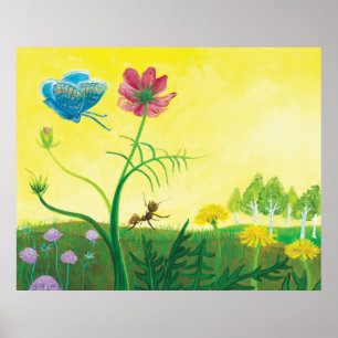 Poster Formiga e borboleta no prado de flores silvestres