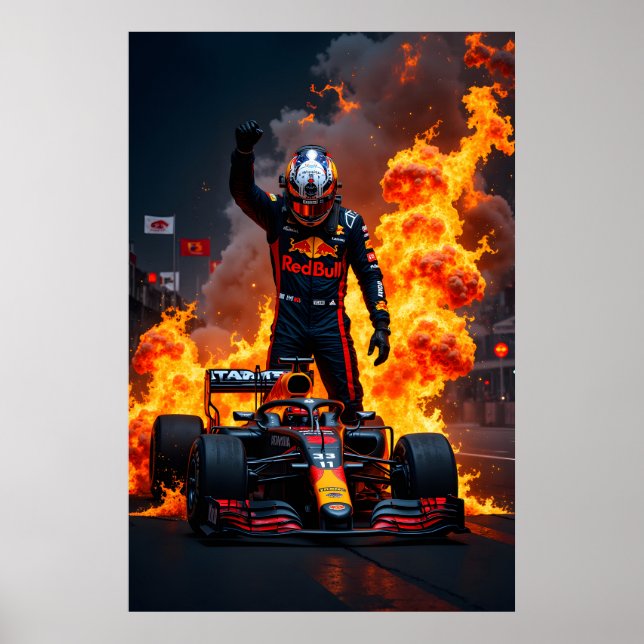 Poster Formula One Racing Champion Celebration with Fire  (Frente)