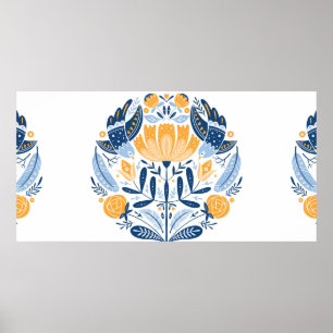 Poster Forno de arte popular com pássaros, rosas e flore