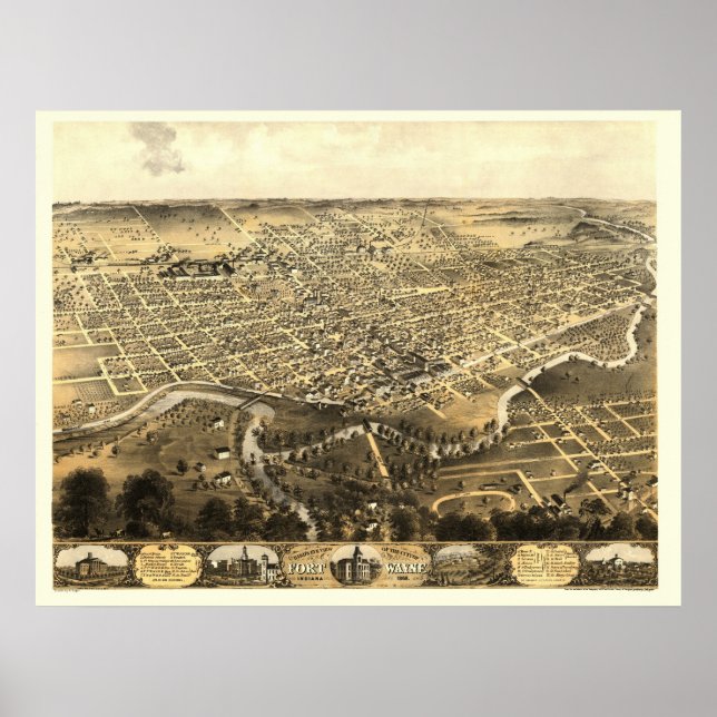 Póster Fort Wayne, NO Mapa Panorâmico - 1868 (Frente)
