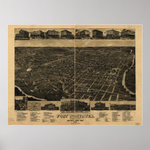 Poster Fort Worth Texas 1886 Mapa Panorâmico Antiquado