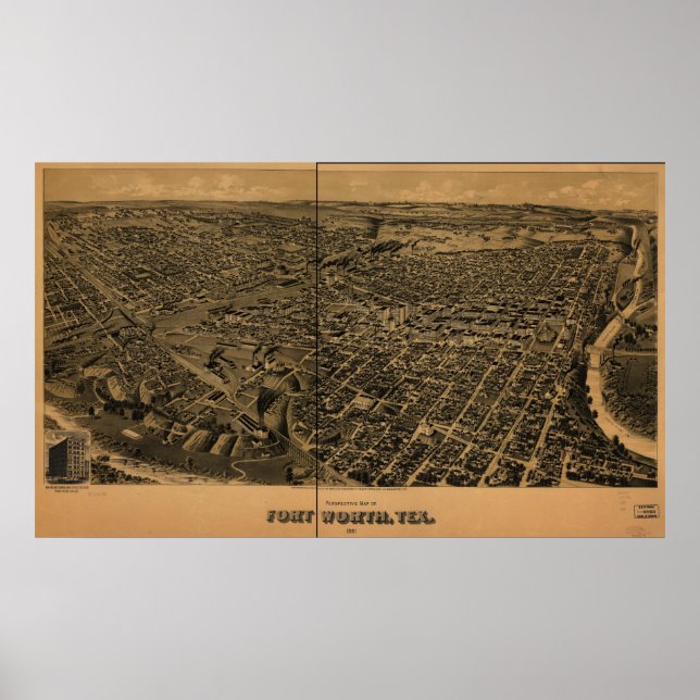 Poster Fort Worth Texas 1891 Mapa Panorâmico Antiquado (Frente)