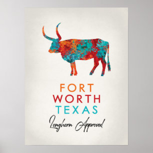 Poster Fort Worth Texas Colorful Longhorn