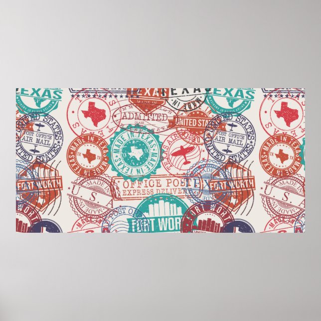 Poster Fort Worth Texas Set of Stamps. Carimbo de viagem. (Frente)