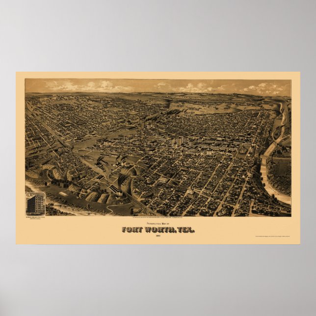 Póster Fort Worth, TX Panorâmica Map - 1891 (Frente)
