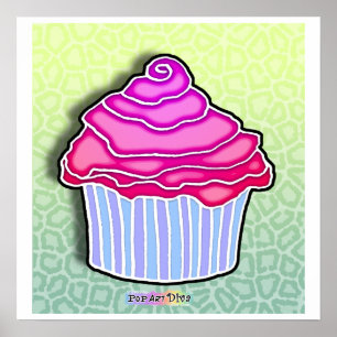 Poster Fosco AZUL de CUPCAKE de morango rosa