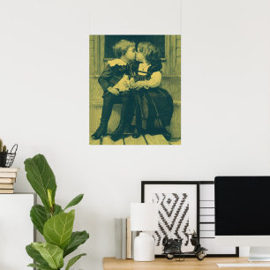 Póster Foto Antiga de Amor e Romance, Crianças Beijando