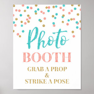 Póster Foto Booth Sinal Dourado de Teal Coral Confetti