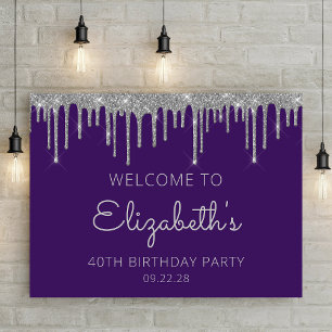 Poster Foto Brilho Prata Roxo Bem-vindo Aniversário de 40