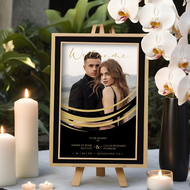 Poster Foto da forma geométrica do Abstrato de Ouro refin (Exquisite Faux Golden Abstract Geometric Shape Photo Wedding Welcome Guests Poster.)