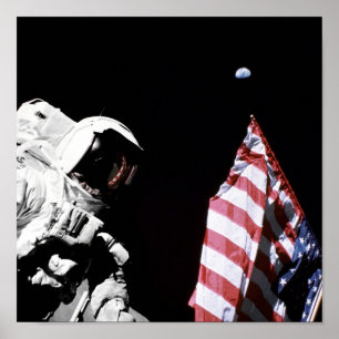 Póster Foto da lua da terra da bandeira do astronauta da