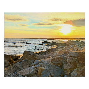 Póster Foto da natureza pôr do sol dourado no oceano Foto