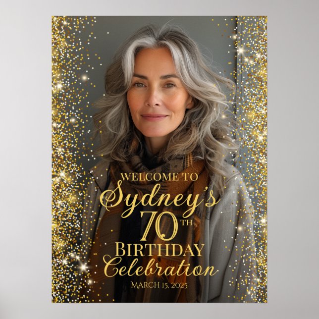 Poster Foto de aniversário - sinal dourado design (Frente)