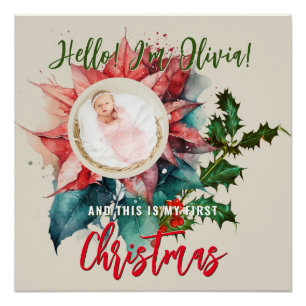Póster Foto de Bebê com Nome no Natal Visco Poinsettia Ve