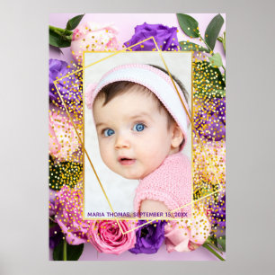 Poster Foto de Bebê Menina com Aquarela Floral Rosa Doura