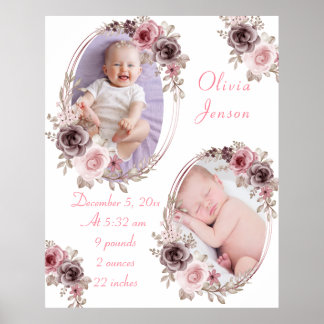 Poster Foto de Bebê Menina em Aquarela Floral Rosa Dourad