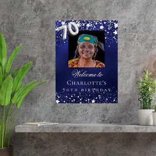 Poster foto de boas-vindas com estrelas prateadas azuis n