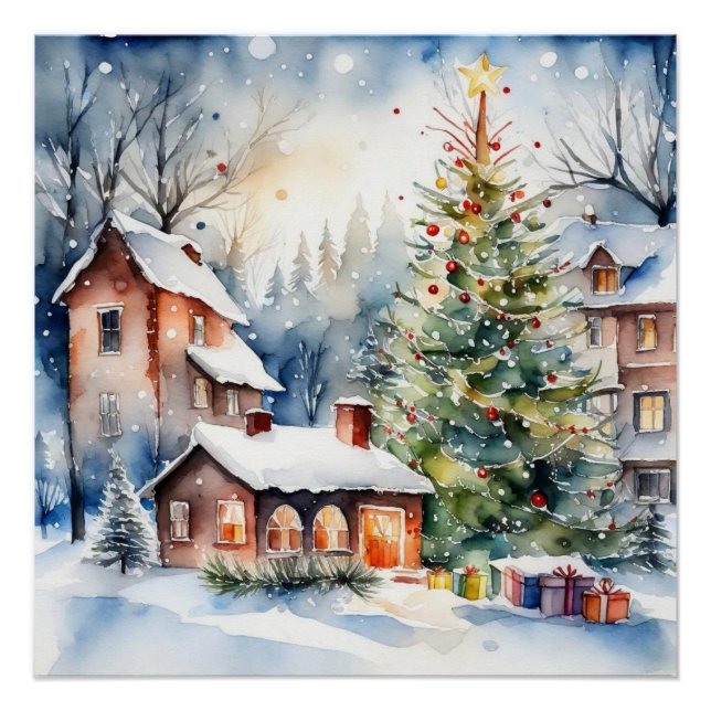 Póster Foto de neve da vila de Natal (Frente)