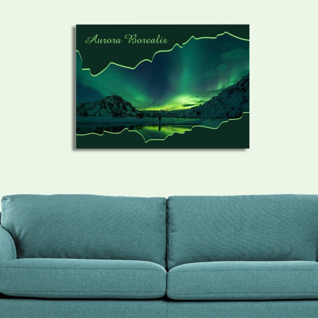Poster Foto de quadro das luzes verdes e azuis do Norte (Green and Blue Northern Lights Ripped Frame Photo Poster)