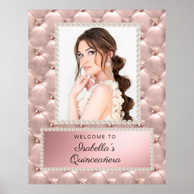 Poster Foto de Quinceañera com Pérolas Brancas e Dourado  (Frente)